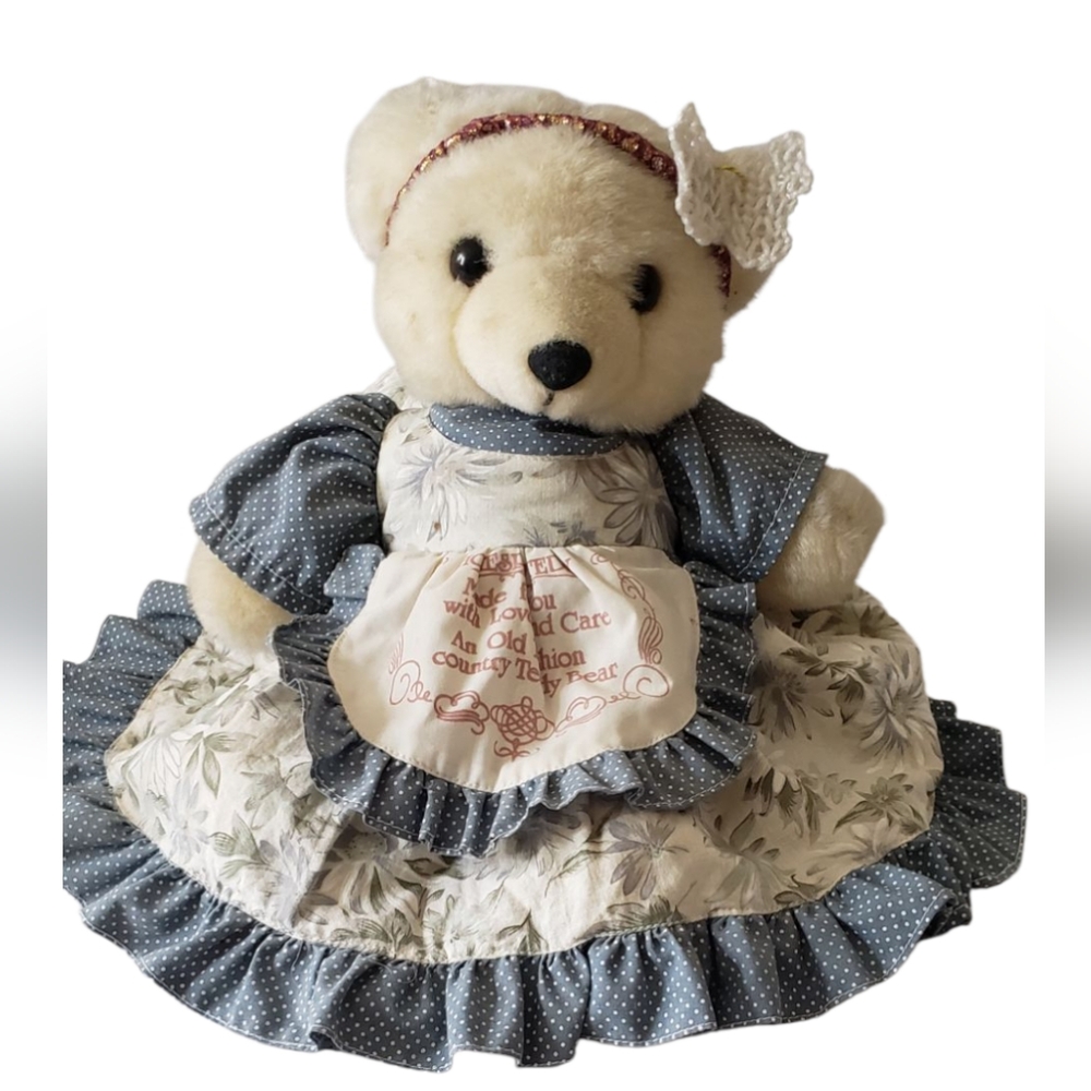 Vintage Teddy Bear Country Dress Gray and Cream Stuffed Animal Teddy Bear.